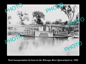 OLD LARGE HISTORIC PHOTO OF THE WOOL BARGE IN THE WARREGO RIVER, QLD c1900