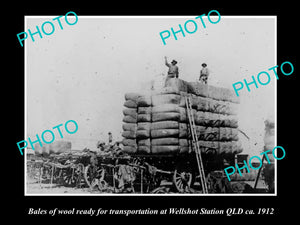 OLD HISTORIC PHOTO OF WELLSHOT STATION QLD, LOADING THE WAGONS WITH WOOL 1912