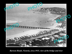 OLD HISTORIC PHOTO OF BARWON HEADS VICTORIA, AERIAL VIEW OF BRIDGE & RIVER 1935