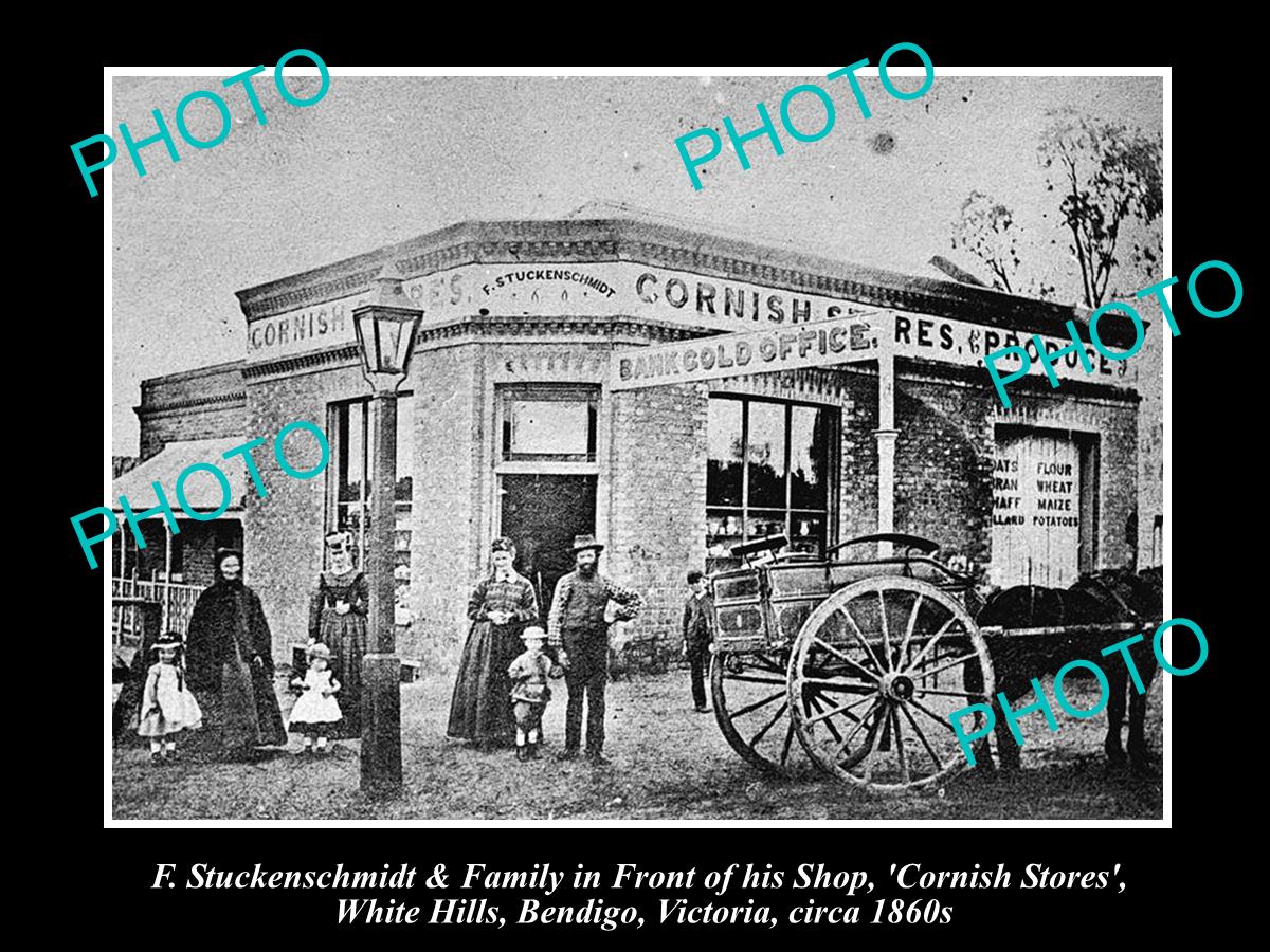 OLD HISTORIC PHOTO OF BENDIGO VICTORIA, CORNISH STORE & GOLD OFFICE c1860s