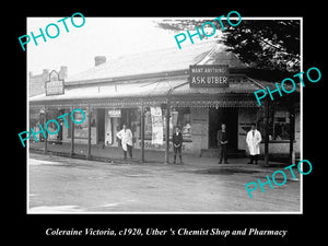 OLD LARGE HISTORIC PHOTO OF COLERAINE VICTORIA, VIEW OF UTBERS CHEMIST SHOP 1920