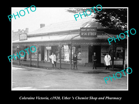 OLD LARGE HISTORIC PHOTO OF COLERAINE VICTORIA, VIEW OF UTBERS CHEMIST SHOP 1920