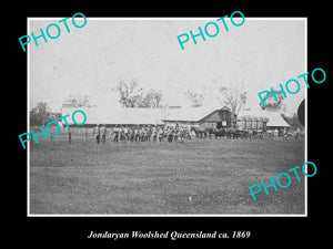 OLD LARGE HISTORIC PHOTO OF THE JONDARYAN WOOL SHEDS & SHEARERS, QLD c1869