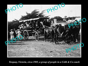 OLD LARGE HISTORIC PHOTO OF TORQUAY VICTORIA, GROUP IN THE COBB & CO COACH 1905