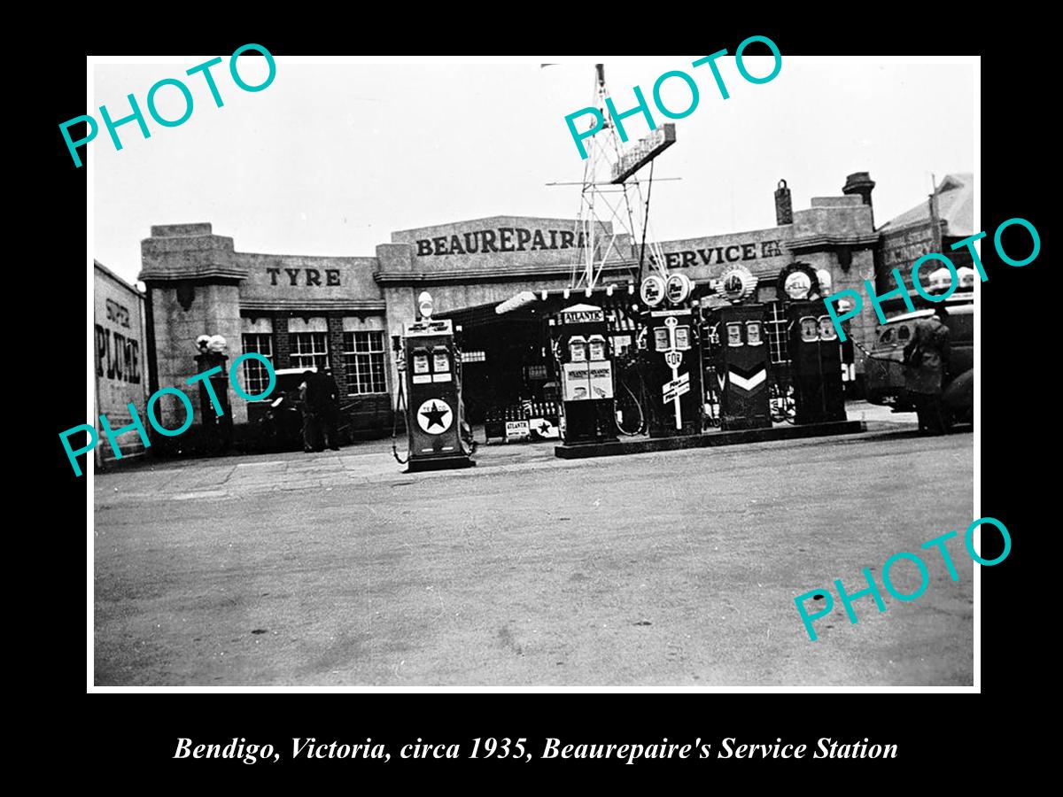 OLD LARGE HISTORIC PHOTO OF BENDIGO VICTORIA, BEAUREPAIRES SERVICE STATION c1935