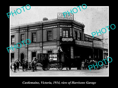 OLD LARGE HISTORIC PHOTO OF CASTLEMAINE VICTORIA, VIEW OF HARRISONS GARAGE c1914