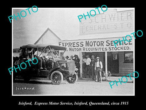 OLD LARGE HISTORIC PHOTO OF ISISFORD QLD, THE EXPRESS MOTOR GARAGE c1915