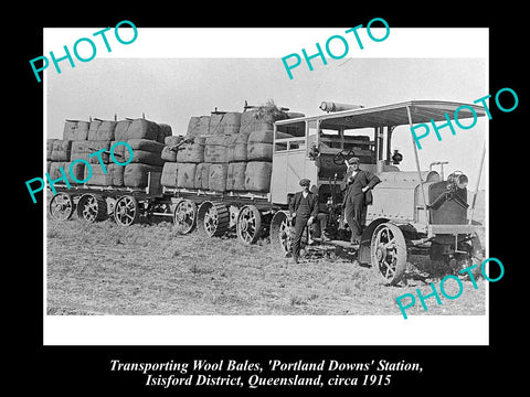 OLD LARGE HISTORIC PHOTO OF ISISFORD QLD, CARTING WOOL AT PORTLAND DOWNS 1915