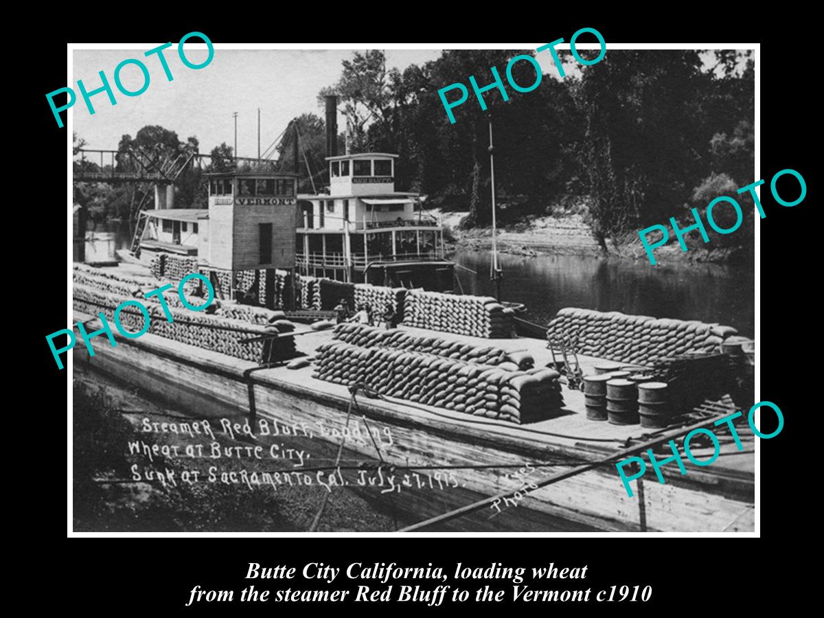 OLD LARGE HISTORIC PHOTO OF BUTTE CITY CALIFORNIA, STEAMBOAT LOADING WHEAT 1910