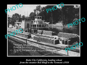 OLD LARGE HISTORIC PHOTO OF BUTTE CITY CALIFORNIA, STEAMBOAT LOADING WHEAT 1910