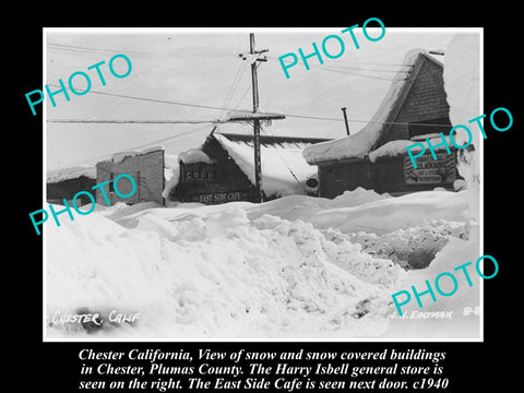 OLD LARGE HISTORIC PHOTO OF CHESTER CALIFORNIA, THE MAIN STREET UNDER SNOW 1940