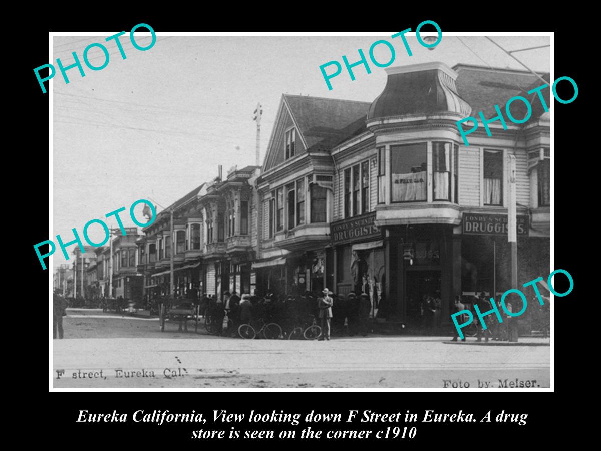 OLD LARGE HISTORIC PHOTO OF EUREKA CALIFORNIA, VIEW OF F STREET, DRUG STORE 1910