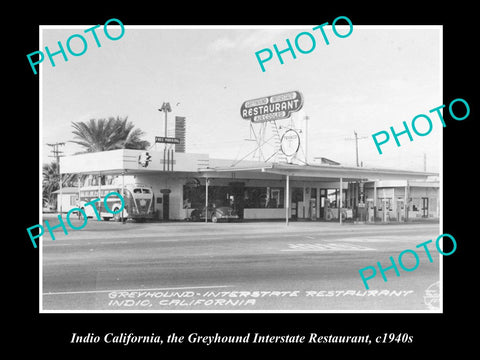 OLD LARGE HISTORIC PHOTO OF INDIO CALIFORNIA, GREYHOUND BUS RESTAURANT c1940