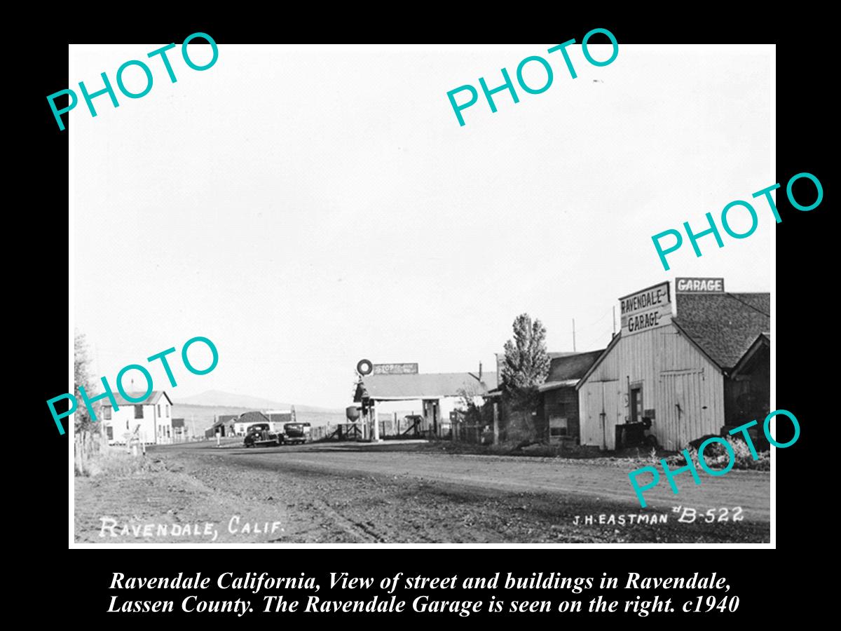 OLD LARGE HISTORIC PHOTO OF RAVENDALE CALIFORNIA, VIEW OF TOWN GARAGE etc c1940