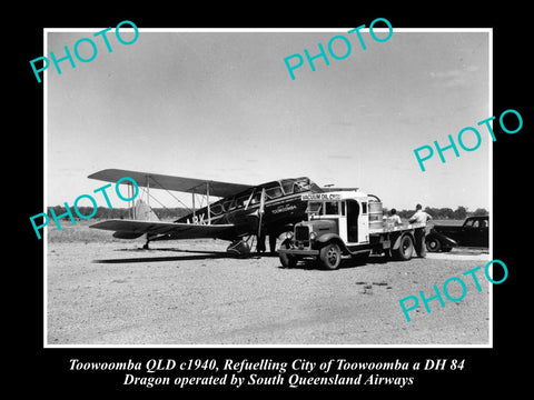 OLD LARGE HISTORIC PHOTO OF QUEENSLAND AIRWAYS PLANE, TOOWOOMBA DEHAVILLAND 1940