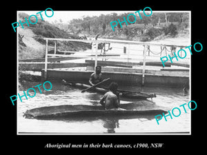 OLD LARGE HISTORIC PHOTO OF ABORIGINAL MEN IN THEIR BARK CANOES c1900 NSW