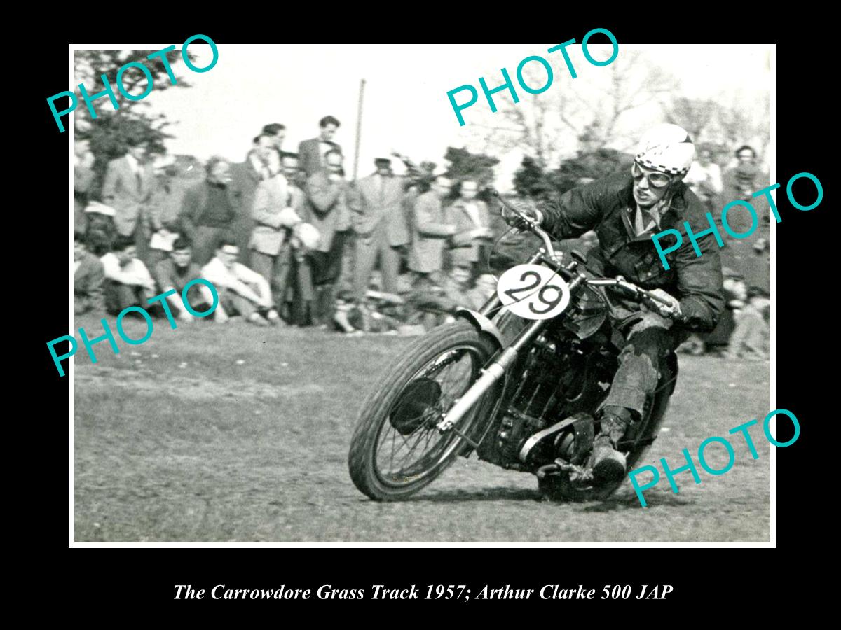 OLD HISTORIC MOTORCYCLE PHOTO OF ARTHUR CLARKE & HIS JAP 500, CARROWDORE 1957