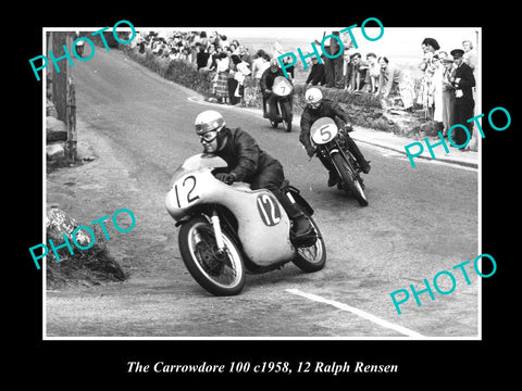 OLD HISTORIC MOTORCYCLE PHOTO OF RALPH RENSEN AT THE CARROWDORE 100 c1958