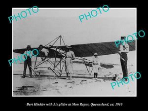 OLD LARGE HISTORIC PHOTO OF AVIATION PIONEER BERT HINKLER & HIS GLIDER c1910 QLD