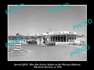 OLD LARGE HISTORIC PHOTO OF IPSWICH QLD, BLUE STAR PETROL STATION MOBIL OIL 1956