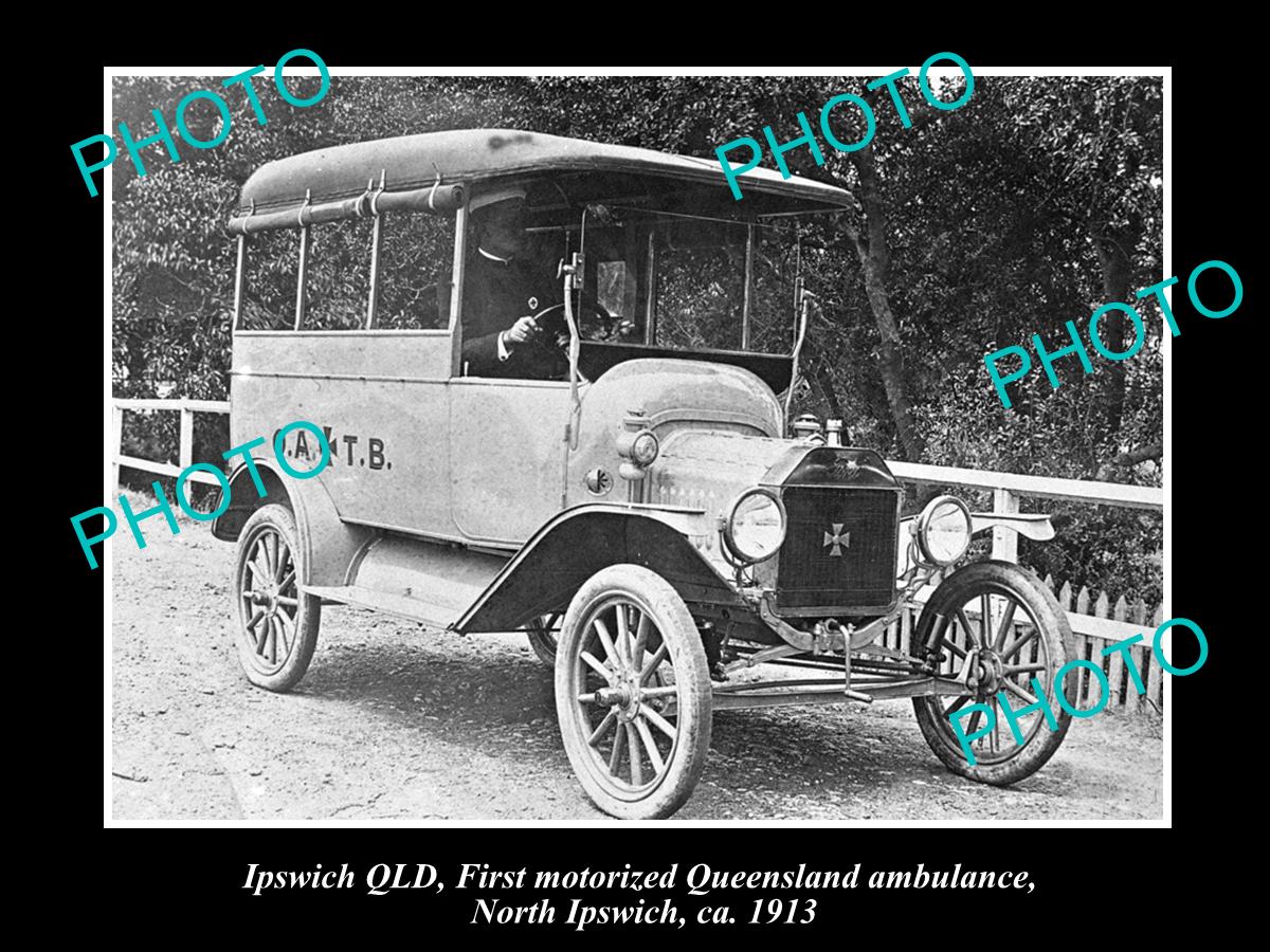 OLD LARGE HISTORIC PHOTO OF IPSWICH THE QLD AMBULANCE TRANSPORT BRIGADE CAR 1913