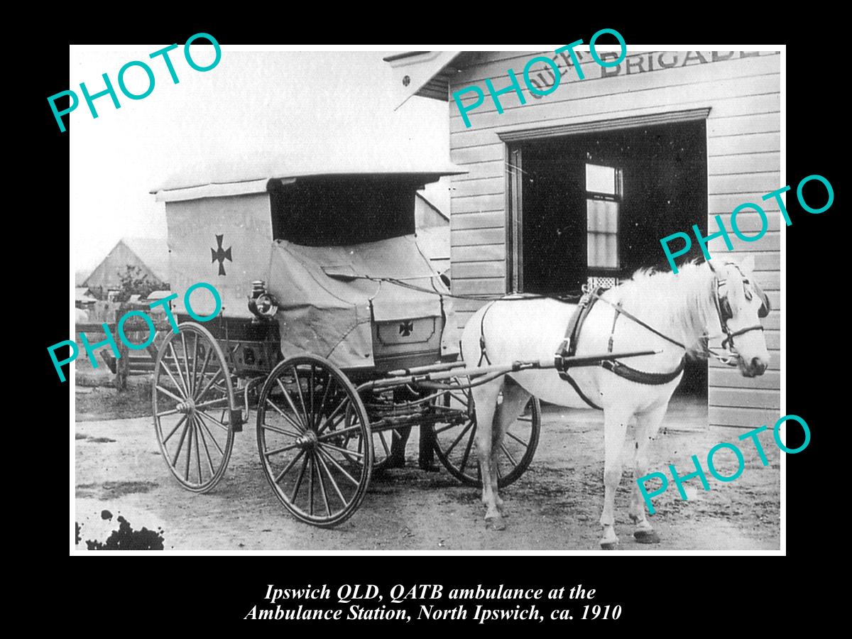 OLD LARGE HISTORIC PHOTO OF IPSWICH, QLD AMBULANCE TRANSPORT BRIGADE CART 1910