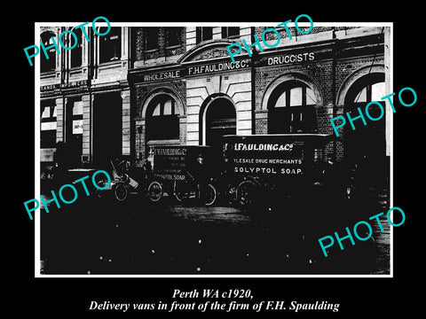 OLD LARGE HISTORIC PHOTO OF PERTH WEST AUSTRALIA, FAULDINGS CHEMIST VANS c1920