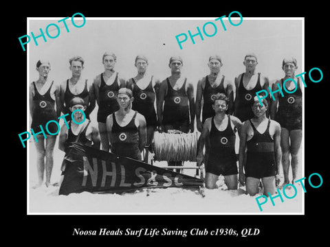 OLD LARGE HISTORIC PHOTO OF NOOSA HEADS QLD, THE SURF LIFE SAVING TEAM c1930s