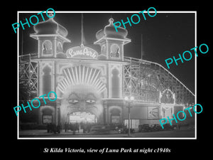 OLD LARGE HISTORIC PHOTO OF St KILDA VICTORIA, VIEW OF LUNA PARK AT NIGHT c1940