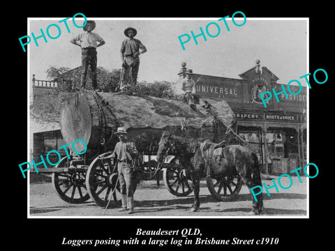 OLD LARGE HISTORIC PHOTO OF BEAUDESERT QLD, CARTING A LOG ON BRISBANE St c1910