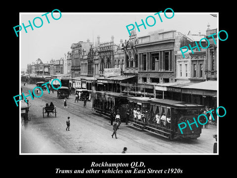 OLD LARGE HISTORIC PHOTO OF ROCKHAMPTON QLD, TRAMS & SHOPS ON EAST St c1920