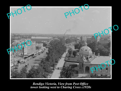 OLD LARGE HISTORIC PHOTO OF BENDIGO VICTORIA, LOOKING WEST TO CHARING CROSS 1920