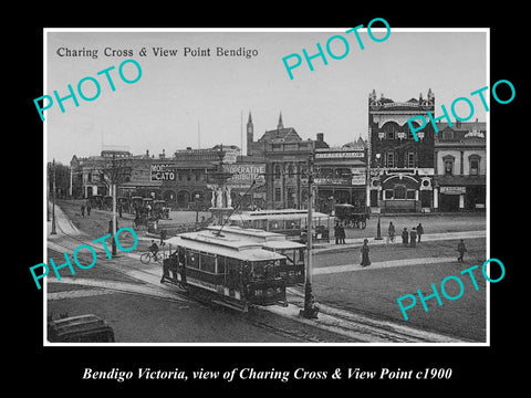 OLD LARGE HISTORIC PHOTO OF BENDIGO VICTORIA, VIEW OF CHARING CROSS, TRAM c1900