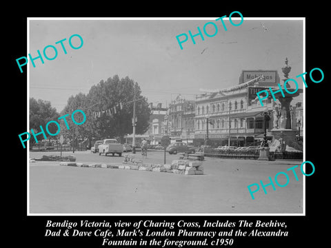 OLD LARGE HISTORIC PHOTO OF BENDIGO VICTORIA, VIEW OF CHARING CROSS c1950s