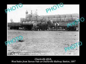 OLD LARGE HISTORIC PHOTO OF CHARLEVILLE QLD, WOOL BALES AT RAILWAY STATION 1897