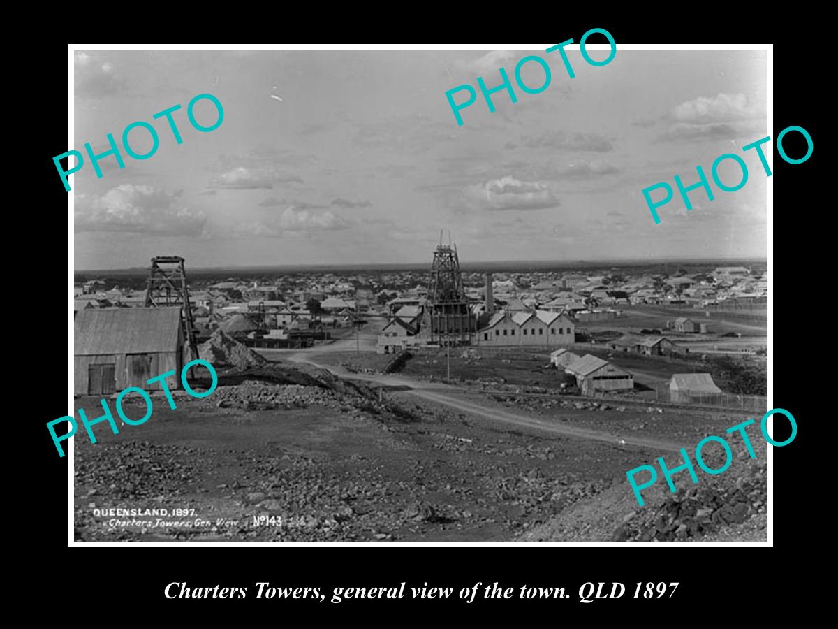 OLD LARGE HISTORIC PHOTO OF CHARTERS TOWERS QLD, VIEW OF THE TOWN & MINE c1897