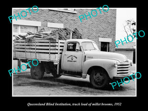 OLD LARGE HISTORIC PHOTO OF THE QUEENSLAND BLIND INSTITUE TRUCK WITH BROOMS 1952