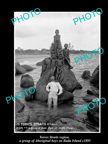 OLD LARGE HISTORIC PHOTO OF TORRES STRAITS ABORIGINAL BOYS ON BADU ISLAND c1895