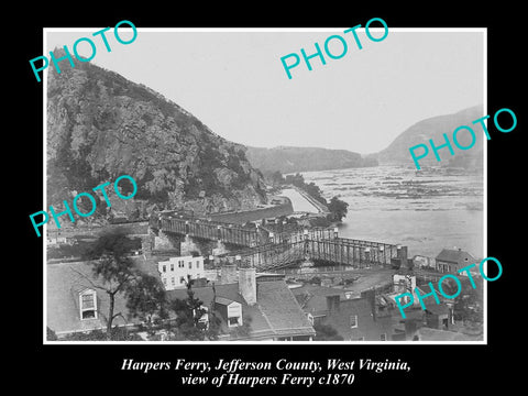 OLD LARGE HISTORIC PHOTO OF HARPERS FERRY, WEST VIRGINIA, VIEW OF TOWN c1870