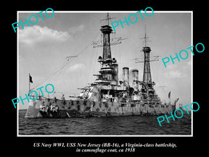 OLD LARGE HISTORIC PHOTO OF US NAVY WWI, USS NEW JERSEY IN CAMOUFLAGE 1918