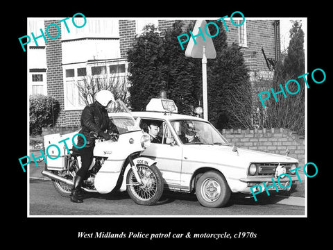 OLD LARGE HISTORIC PHOTO OF BRITISH, WEST MIDLANDS POLICE PATROL CAR & BIKE 1970