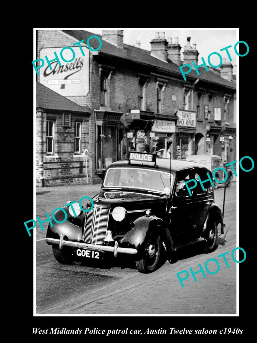 OLD HISTORIC PHOTO OF BRITISH, WEST MIDLANDS POLICE PATROL CAR c1940s AUSTIN