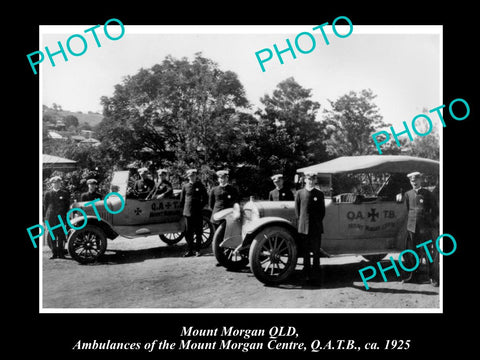 OLD LARGE HISTORIC PHOTO OF MOUNT MORGAN, QATB QUEENSLAND AMBULANCE CARS 1925