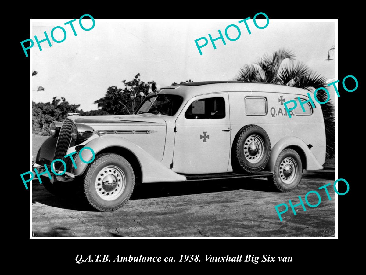 OLD LARGE HISTORIC PHOTO OF QATB QUEENSLAND AMBULANCE CAR, VAUXHALL BIG 6 1938