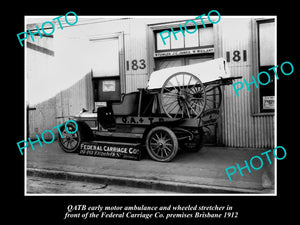 OLD LARGE HISTORIC PHOTO OF QATB QUEENSLAND AMBULANCE CAR & CART, 1912 BRISBANE