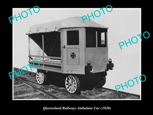 OLD LARGE HISTORIC PHOTO OF QUEENSLAND RAILWAYS AMBULANCE CAR 1920s