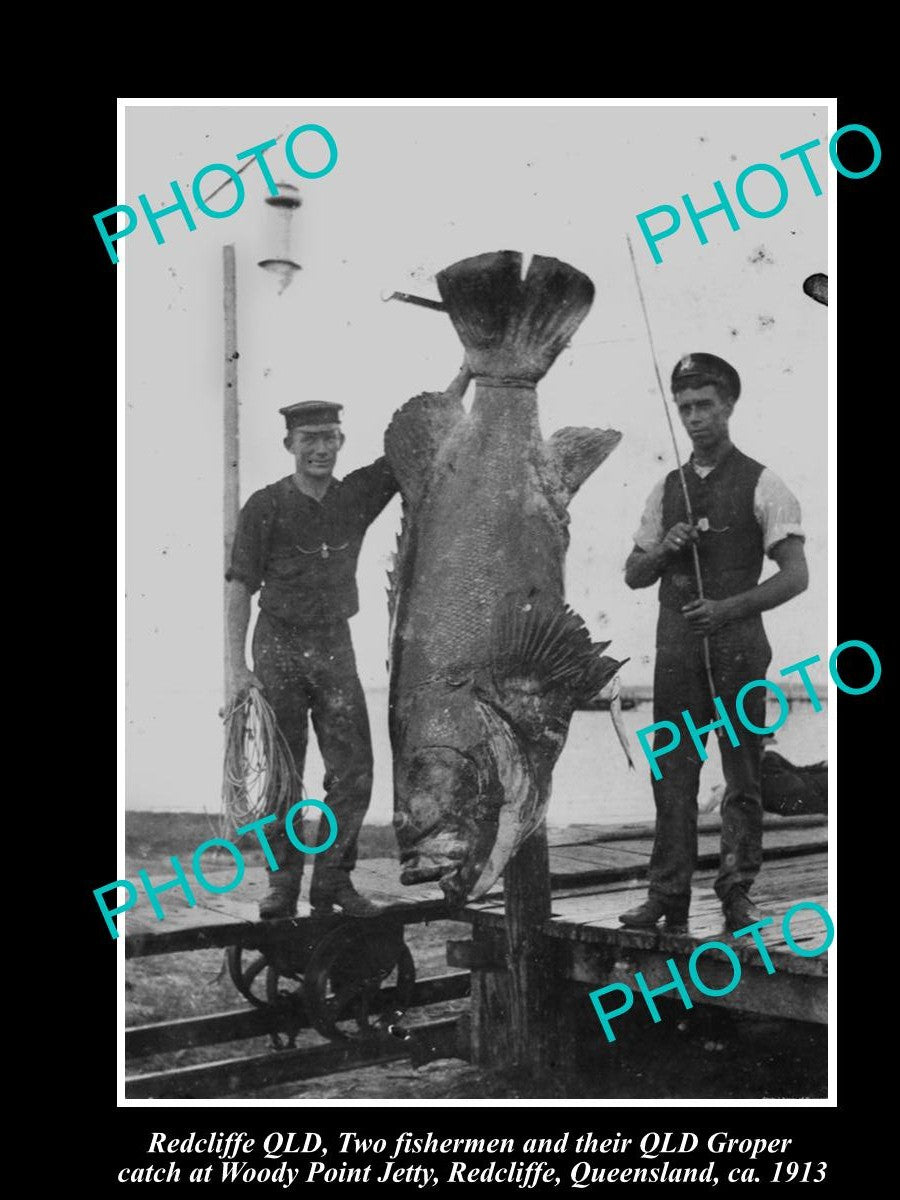 OLD LARGE HISTORIC FISHING PHOTO OF RECLIFFE QLD, HUGE QLD GROPER CAUGHT 1913