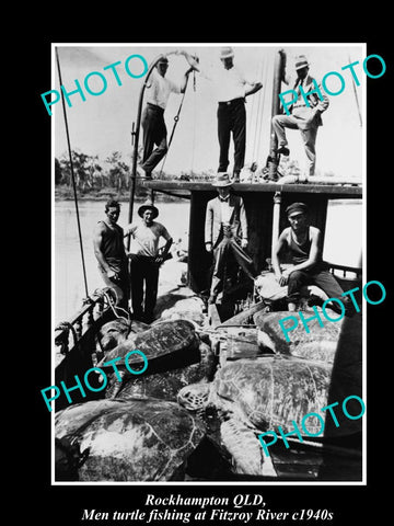 OLD HISTORIC PHOTO OF ROCKHAMPTON QLD CATCHING SEA TURTLES ON FITZROY RIVER 1940