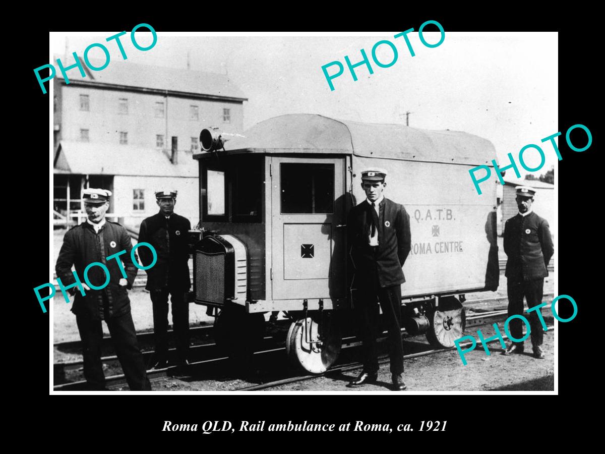 OLD LARGE HISTORIC PHOTO OF ROMA, QATB QUEENSLAND AMBULANCE RAIL CAR 1921