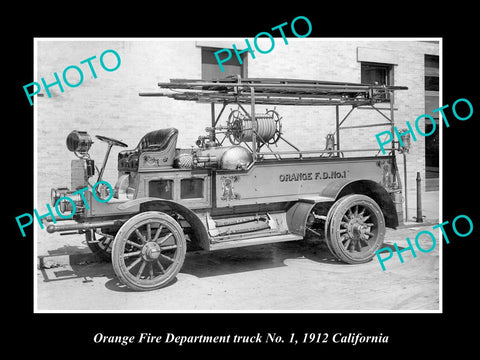 OLD LARGE HISTORIC PHOTO OF ORANGE FIRE DEPARTMENT TRUCK, CALIFORNIA 1912